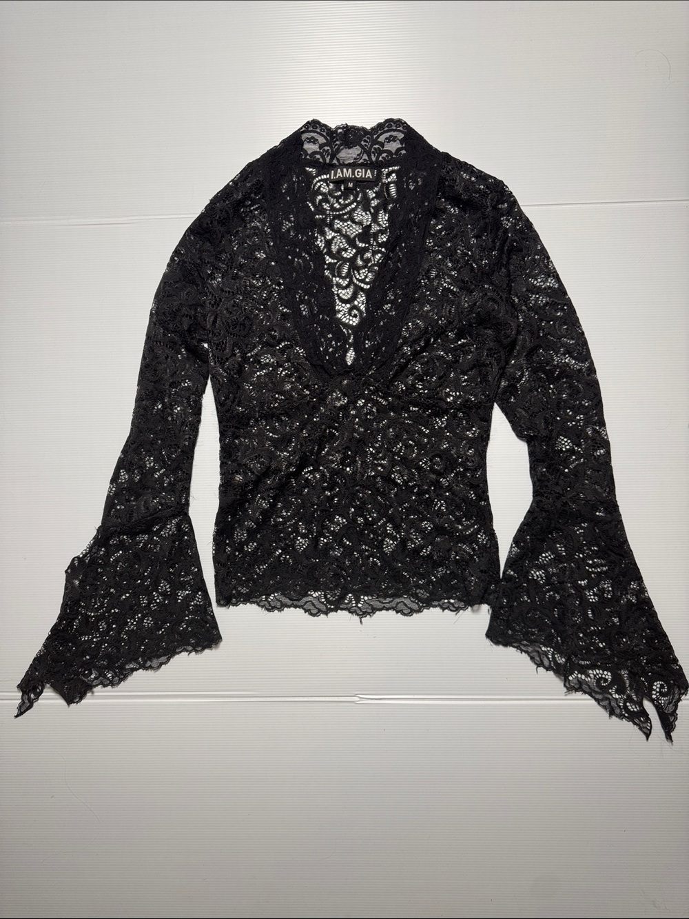 I.AM.GIA Gemma Black Sheer Lace Deep V Bell Sleeve Top Fitted Whimsigoth M